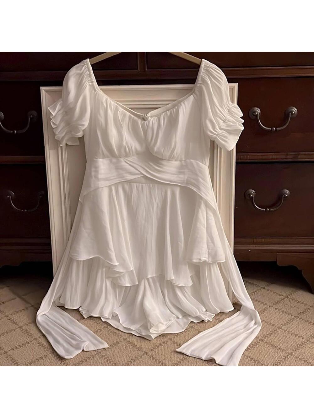 Angel Biba white silk-like empire waist ruffle tier dress skort w sash NWOT S